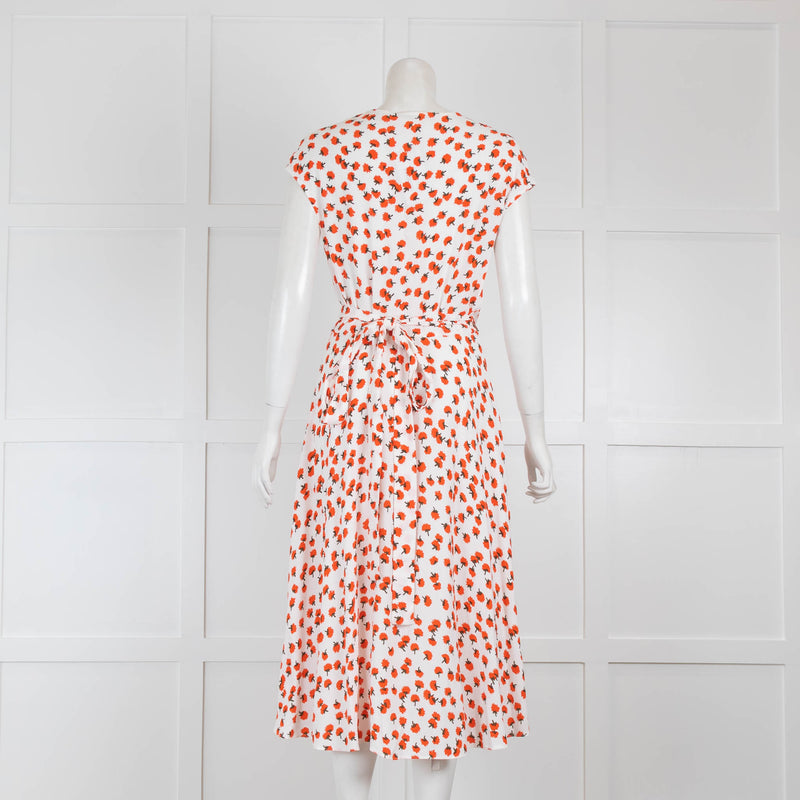 DVF White Orange Floral Sleeveless Wrap Dress