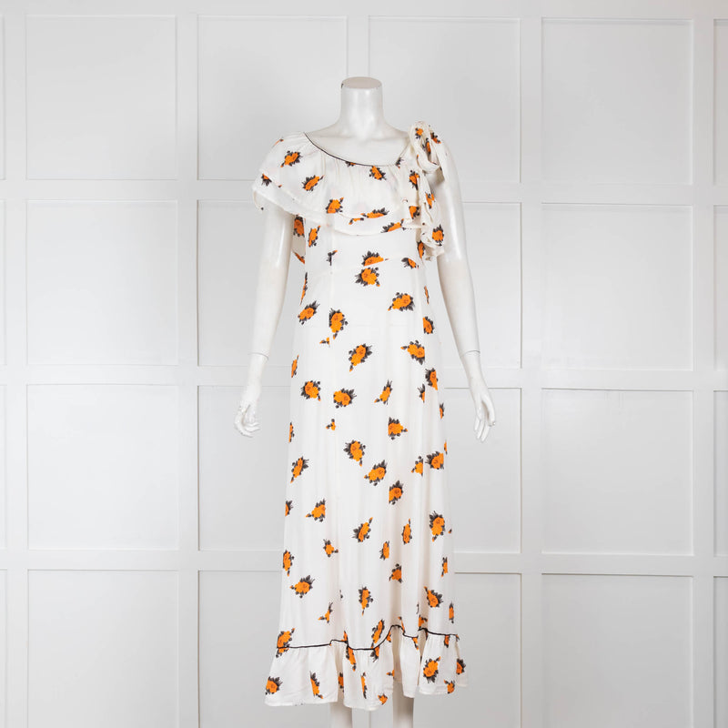 Ganni White Orange Floral Tie Shoulder Midi Dress