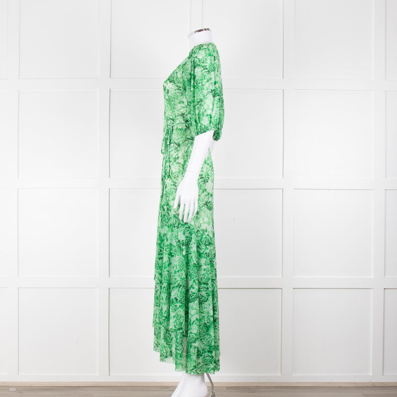 Ganni Green On Green Floral Short Sleeve Wrap Dress