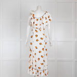 Ganni White Orange Floral Tie Shoulder Midi Dress