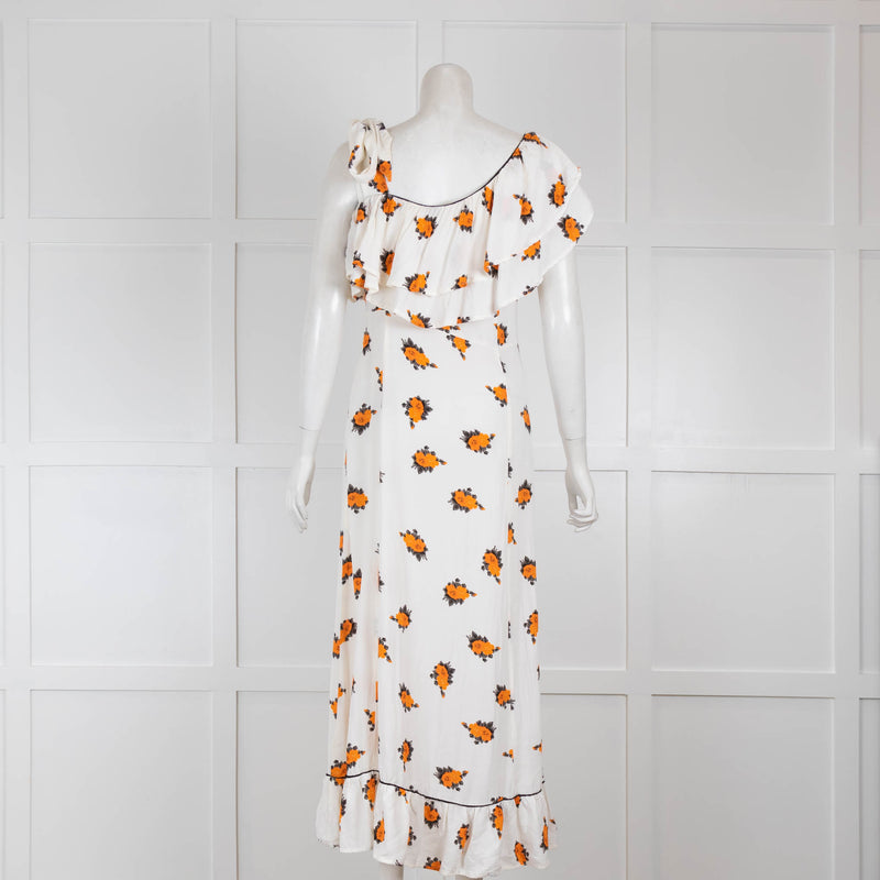 Ganni White Orange Floral Tie Shoulder Midi Dress