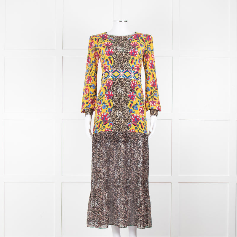 Saloni Yellow Floral Animal Print Long Sleeve Dress