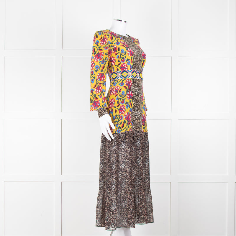 Saloni Yellow Floral Animal Print Long Sleeve Dress