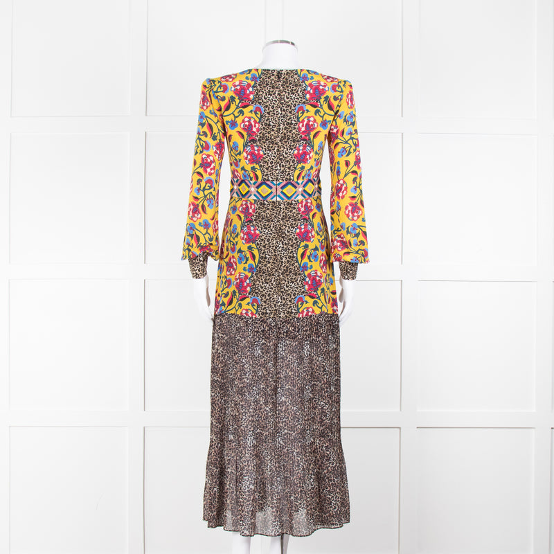 Saloni Yellow Floral Animal Print Long Sleeve Dress