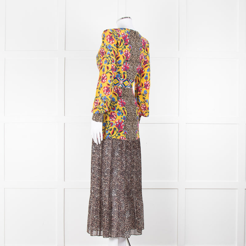 Saloni Yellow Floral Animal Print Long Sleeve Dress