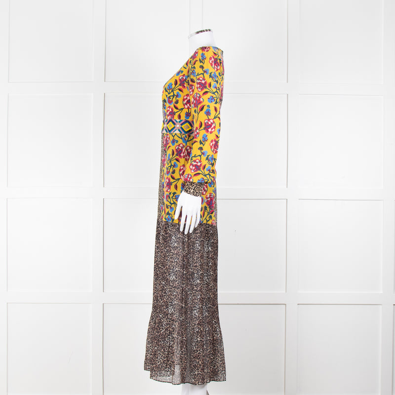 Saloni Yellow Floral Animal Print Long Sleeve Dress