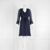 Tory Burch Navy V Neck Ruffle Silk Dress with Tie Belt