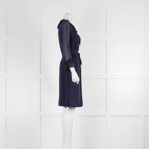 Tory Burch Navy V Neck Ruffle Silk Dress with Tie Belt