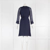 Tory Burch Navy V Neck Ruffle Silk Dress with Tie Belt