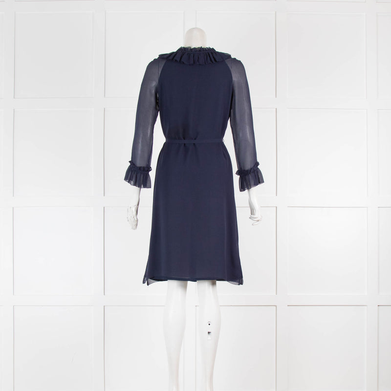 Tory Burch Navy V Neck Ruffle Silk Dress with Tie Belt