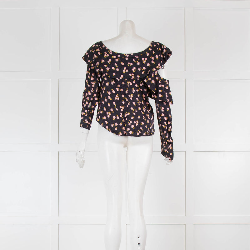 Self-Portrait Navy With Pink Flowers Diagonal Button Top