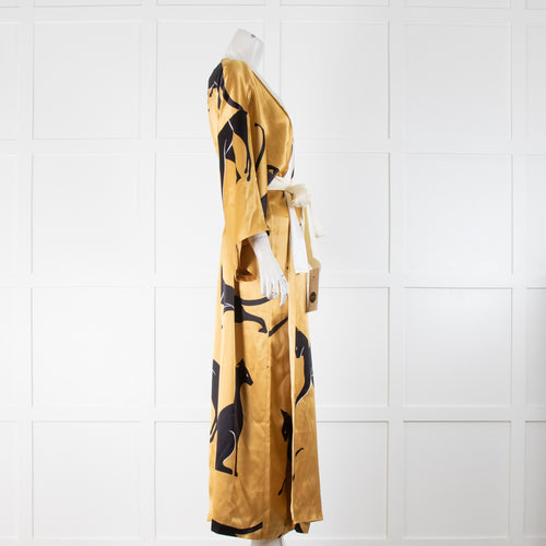 Olivia Von Halle Gold Cat Print Silk Long Robe