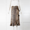 Ganni Brown Animal Print Satin Frill Trim Midi Skirt