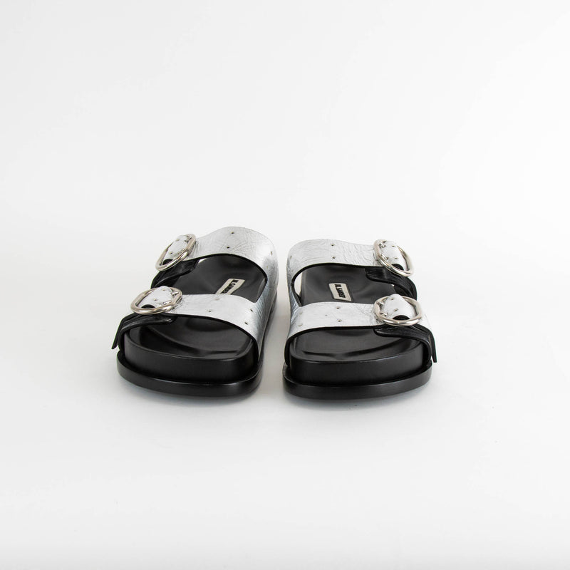 Jil Sander Silver Metallic Leather Double Strap Slide