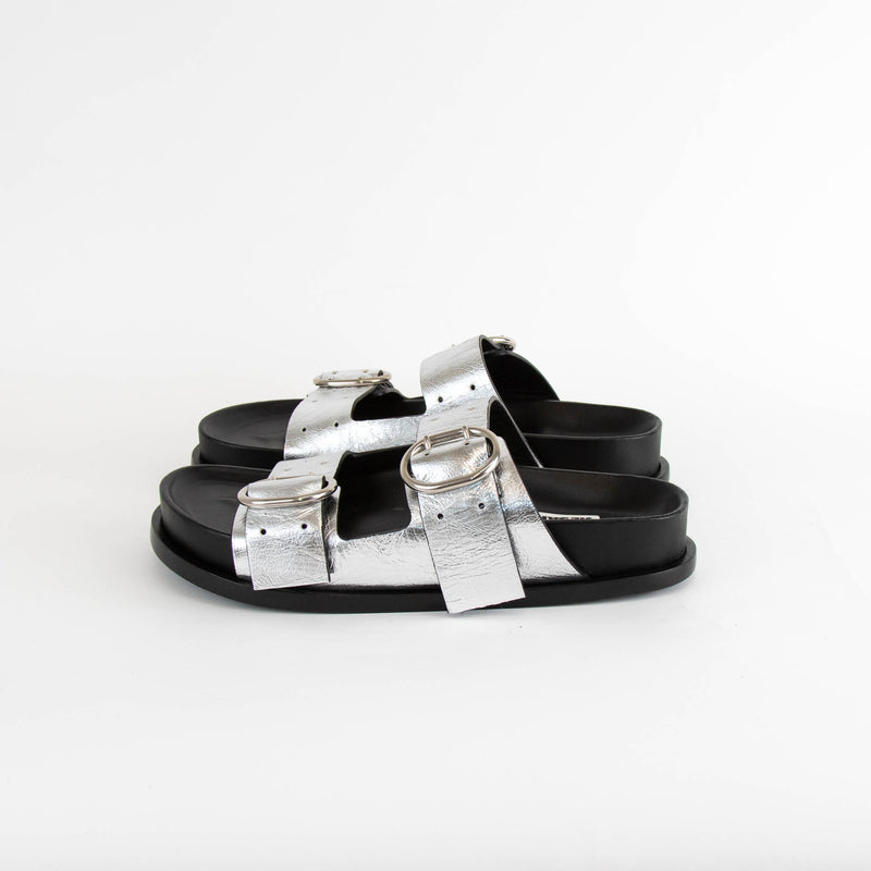 Jil Sander Silver Metallic Leather Double Strap Slide