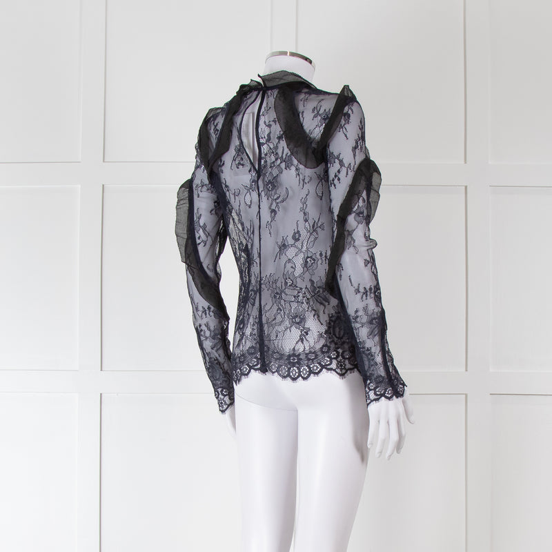 Self-Portrait Navy Lace Long Sleeved Top with Covered Buttons and Frill Detailing