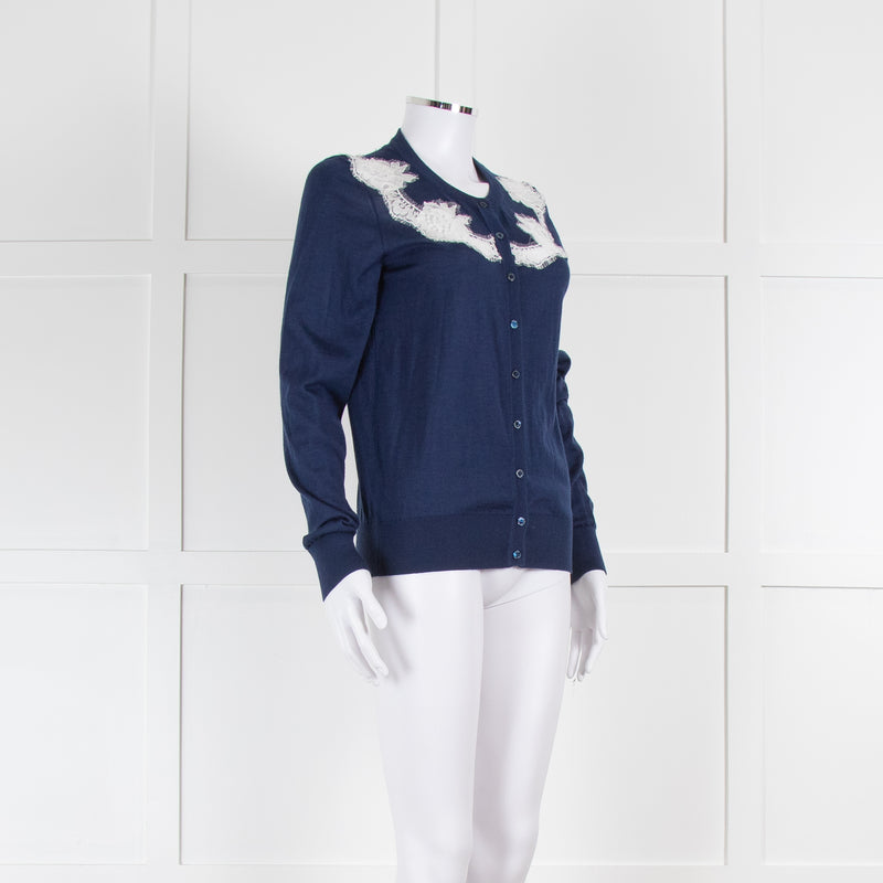 Dolce & Gabbana Navy Fine Knit Cardigan with White Lace Panels