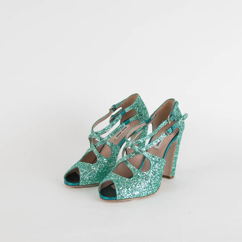 Miu Miu Turquoise Glittery Open Toe Heels