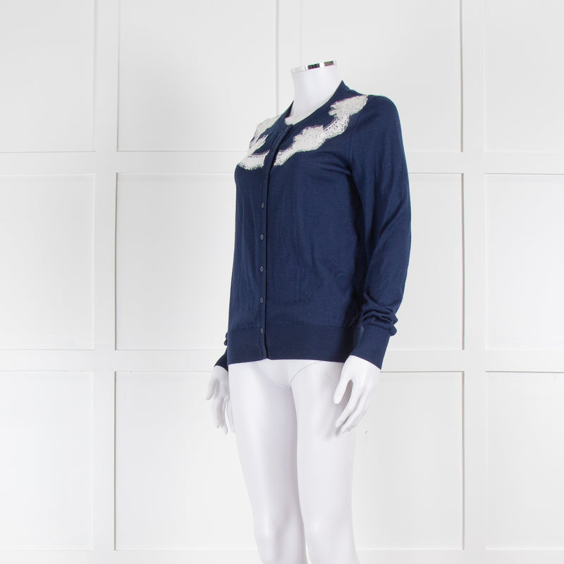 Dolce & Gabbana Navy Fine Knit Cardigan with White Lace Panels