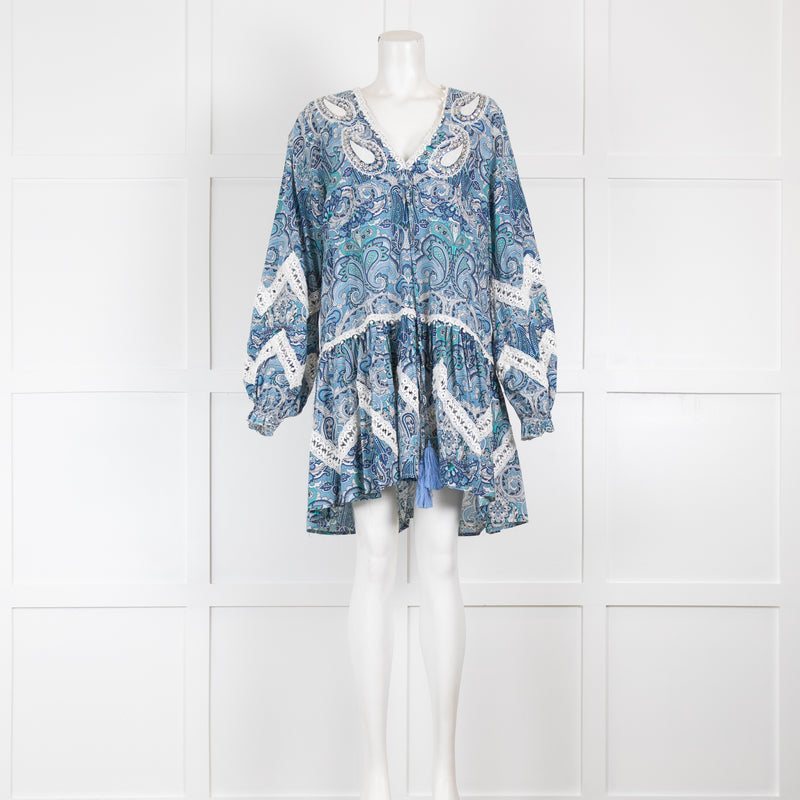 Miss June Blue Paisley Summer Dress with Sequin Embellishment