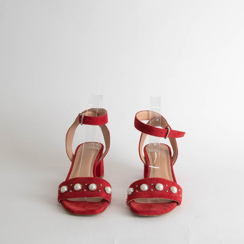 Claudie Pierlot Red Suede Pearl Block Heeled Sandals