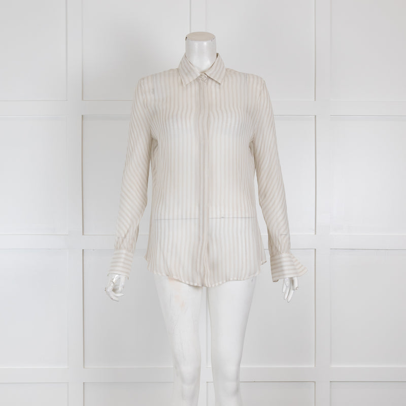 Loro Piana Beige Sheer Silk Blouse with White Stripes