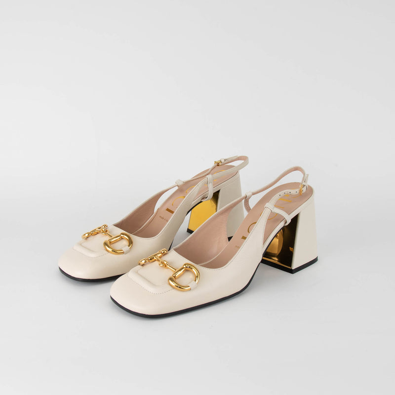 Gucci Cream Leather Horsebit Square Toe Slingbacks