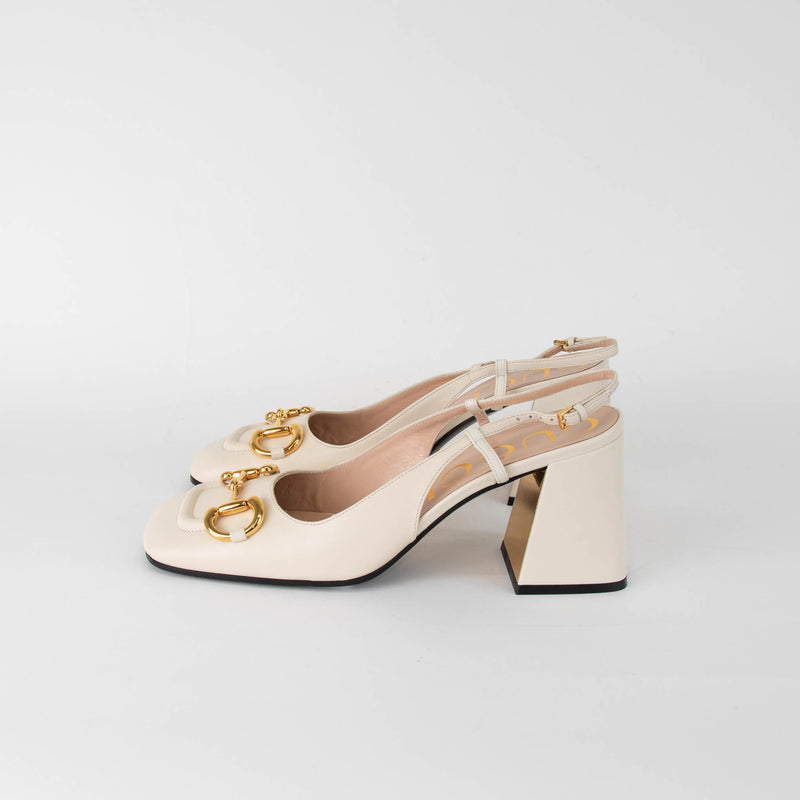 Gucci Cream Leather Horsebit Square Toe Slingbacks