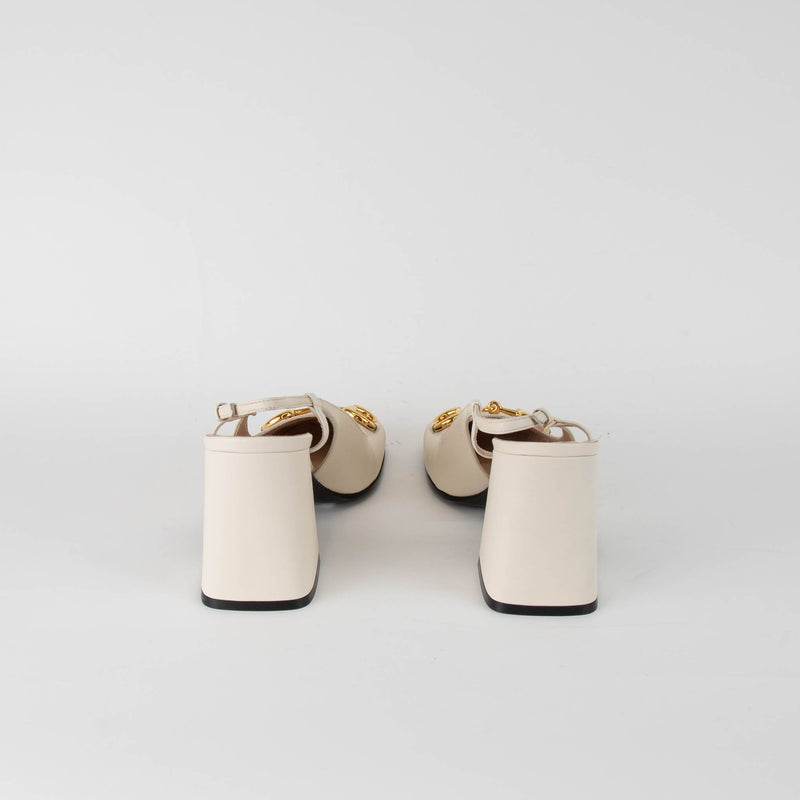 Gucci Cream Leather Horsebit Square Toe Slingbacks