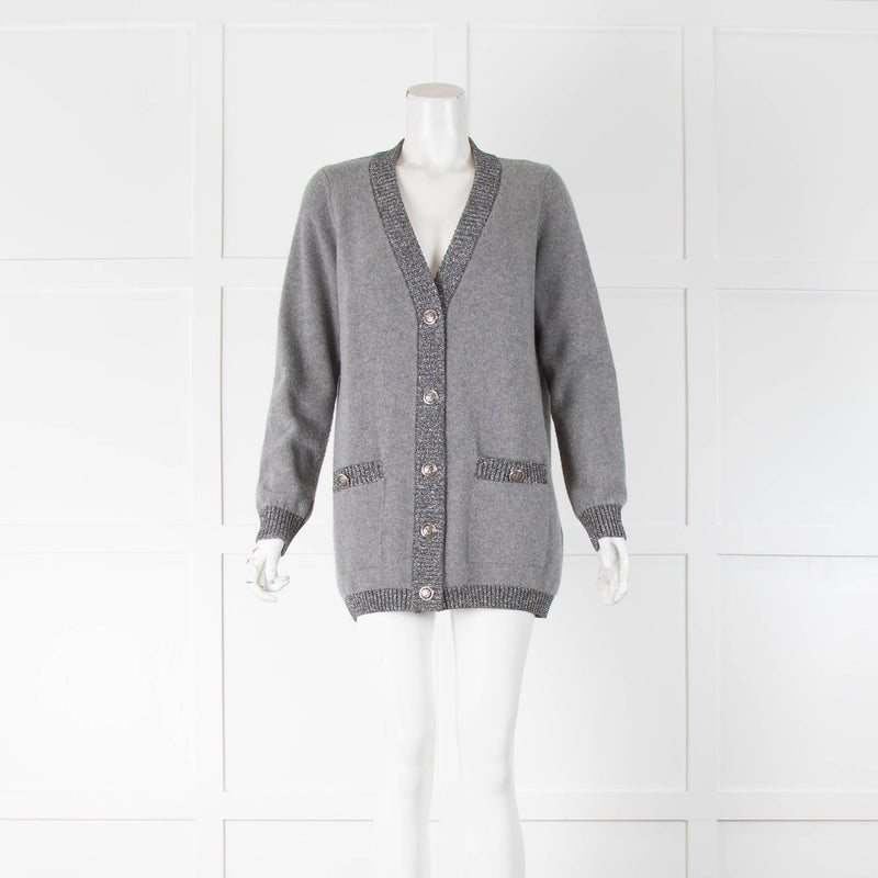 Luisa Spagnoli Grey Cardigan Silver Buttons Lurex Edging