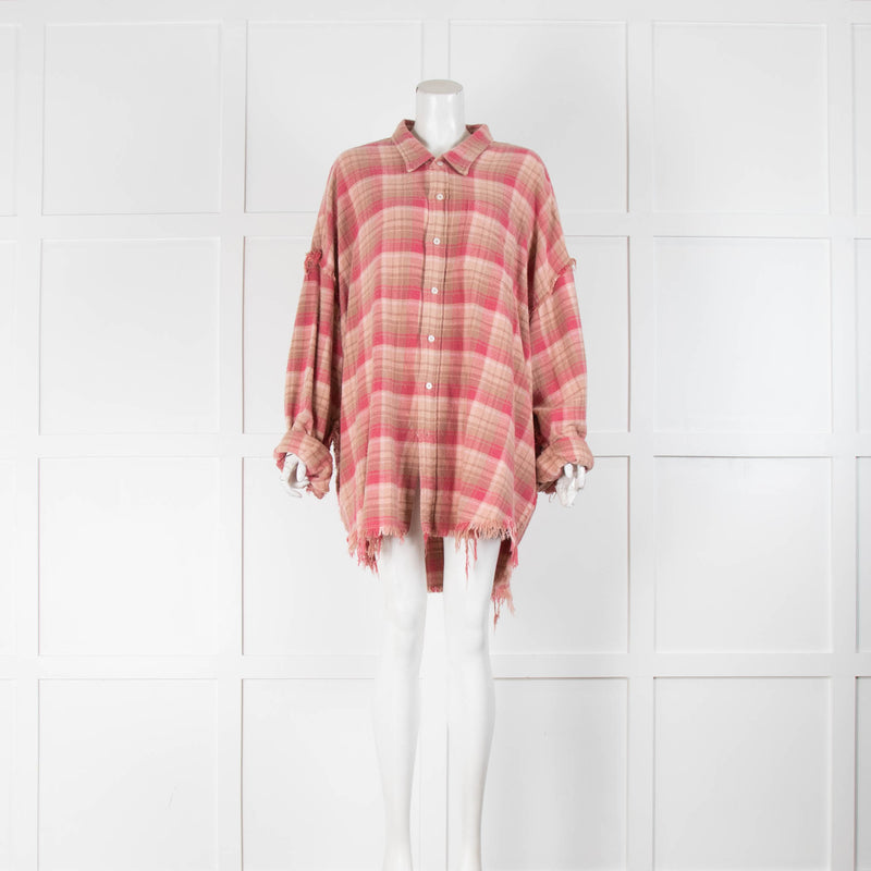 R13 Pink Shredded Hem Check Oversized Shirt