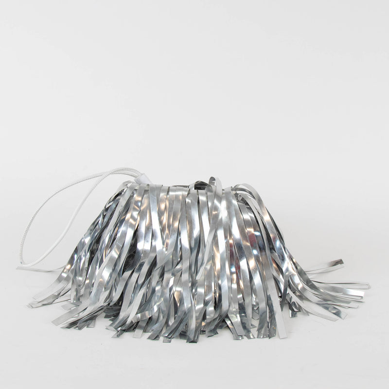 Off White Silver PVC Draw String Fringe Bag