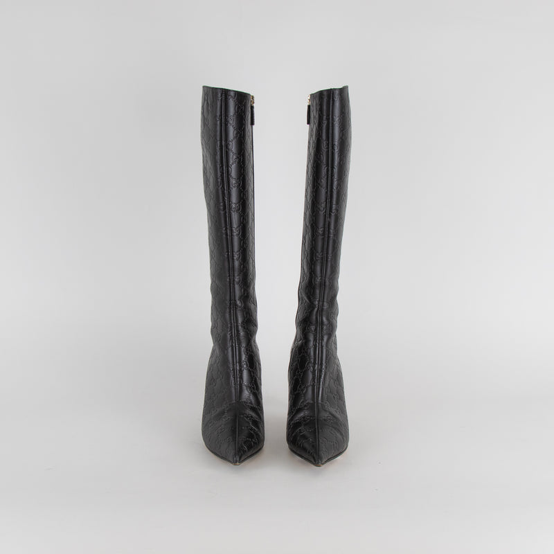 Gucci Black Monogram Leather Heeled Pointed Boots