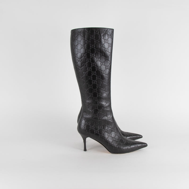 Gucci Black Monogram Leather Heeled Pointed Boots