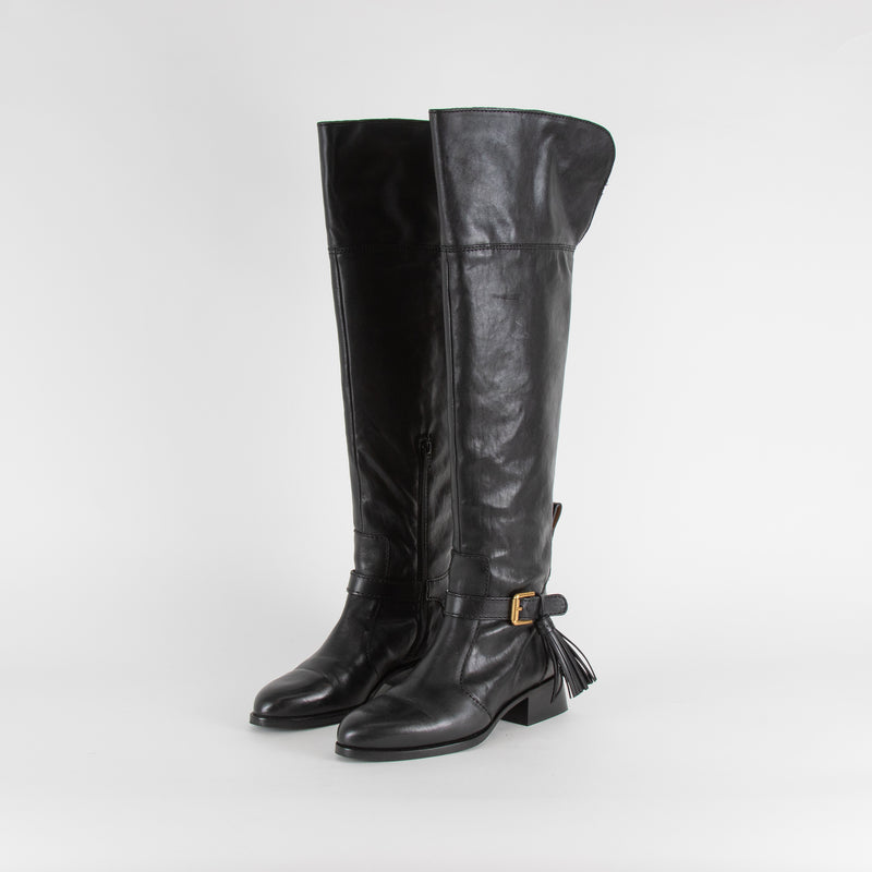 See By Chloe Black High Knee Tassel Detail Leather Boots