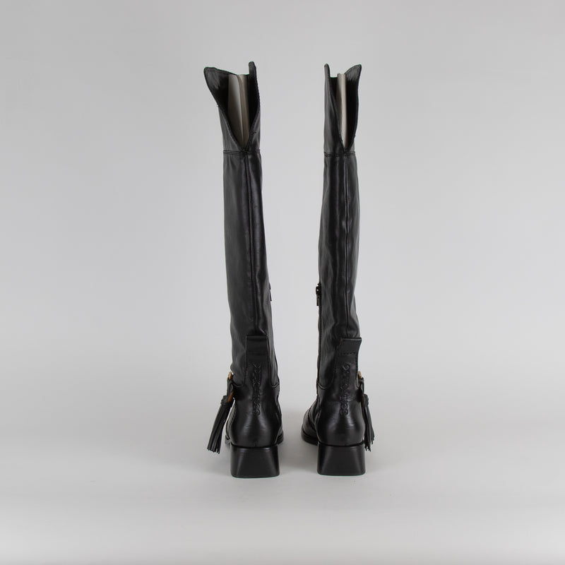 See By Chloe Black High Knee Tassel Detail Leather Boots