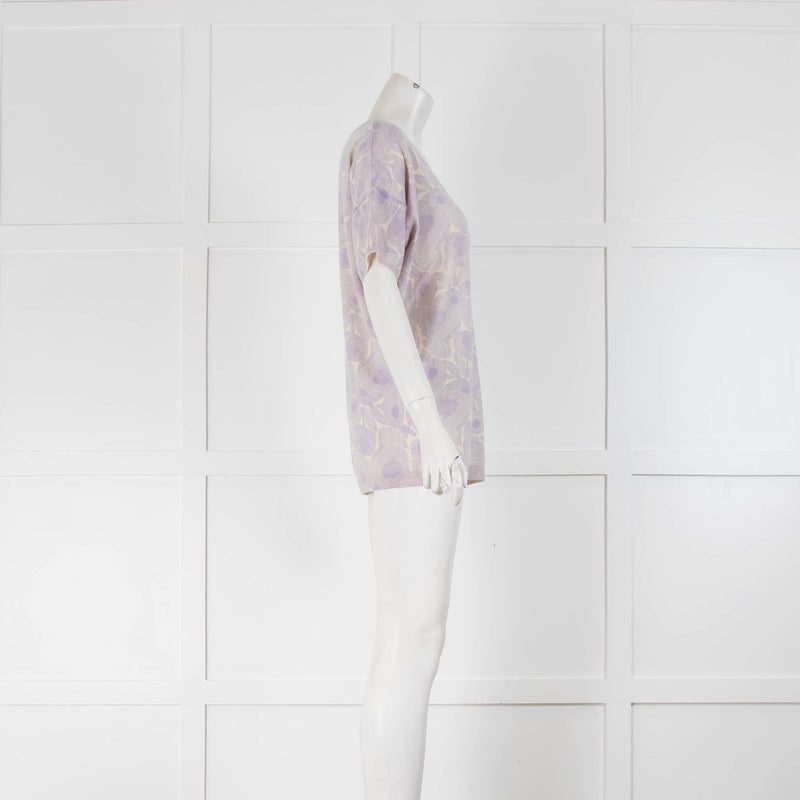 Eric Bompard Cream Lilac Cashmere Silk Floral Print Sweater