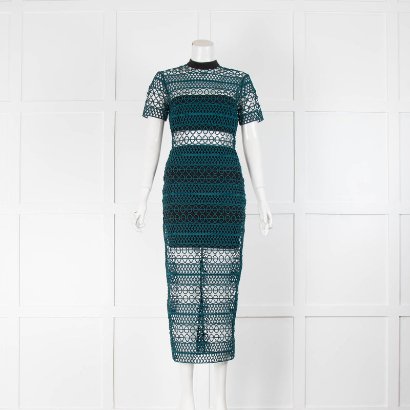 Self-Portrait Teal Lace Short Sleeve Fitted Midi Dress