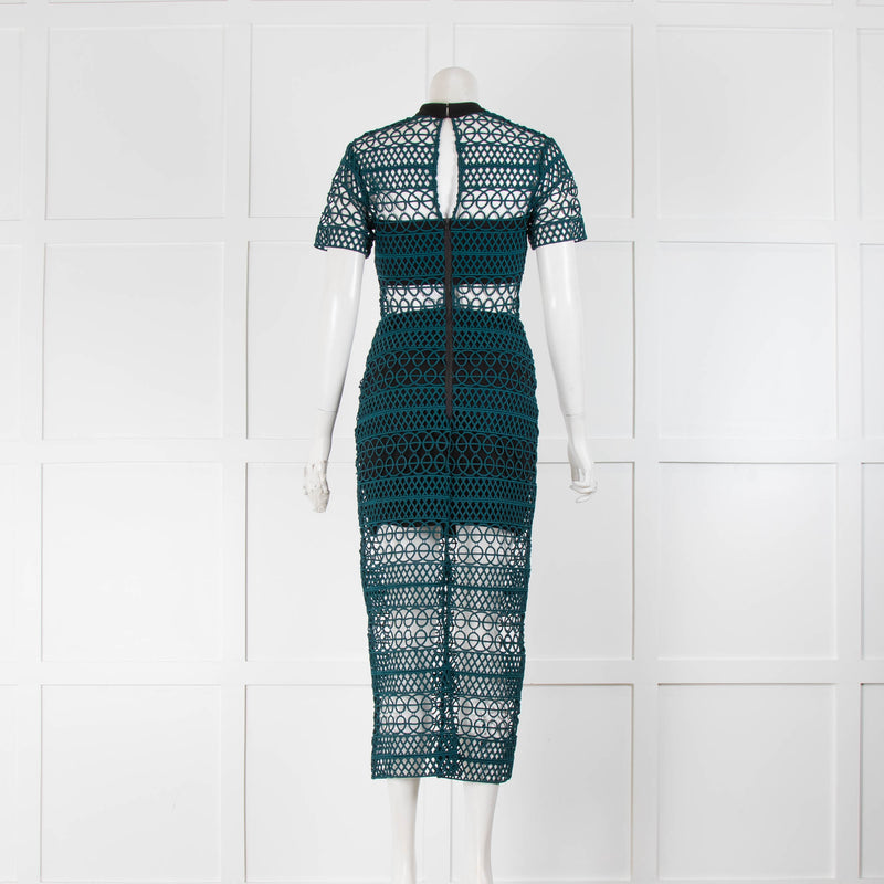 Self-Portrait Teal Lace Short Sleeve Fitted Midi Dress