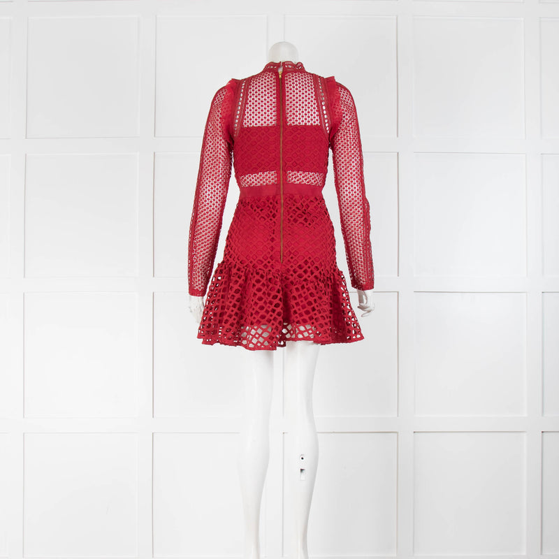 Self-Portrait Dark Red Lace Long Sleeve Mini Dress