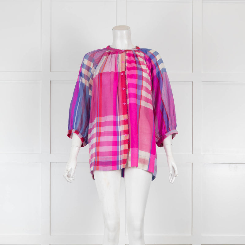 Pero Pink Blue Check Long Sleeve Cotton Top