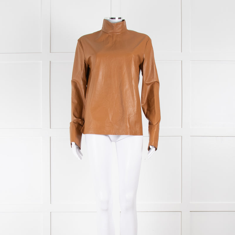 Joseph Brown High Neck Long Sleeve Leather Top