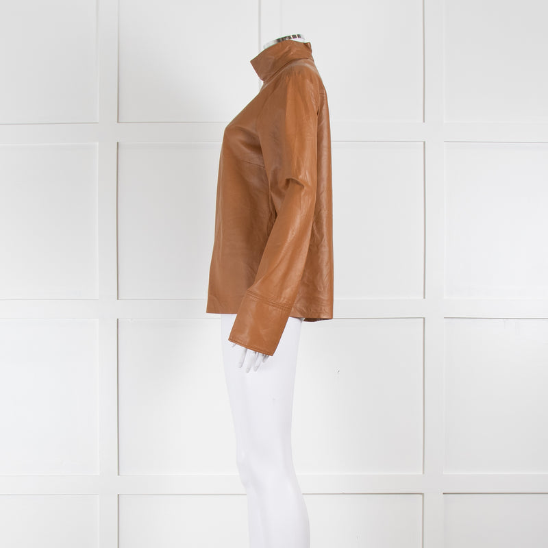 Joseph Brown High Neck Long Sleeve Leather Top