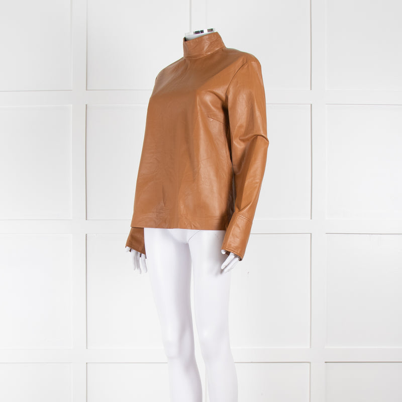 Joseph Brown High Neck Long Sleeve Leather Top