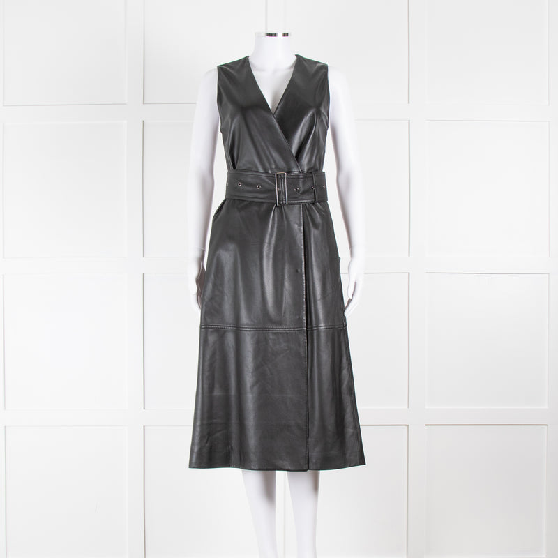 Joseph Black Nappa Leather Belted Sleeveless Dress