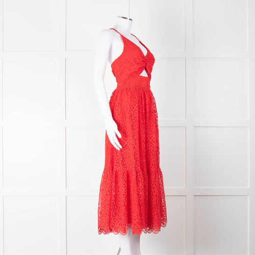 ML Monique Lhuillier Red Lace Sleeveless Midi Dress