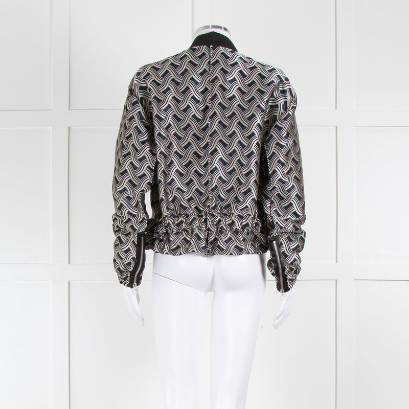 Victoria Victoria Beckham Navy Silver Woven Pattern Gathered Bomber Jacket