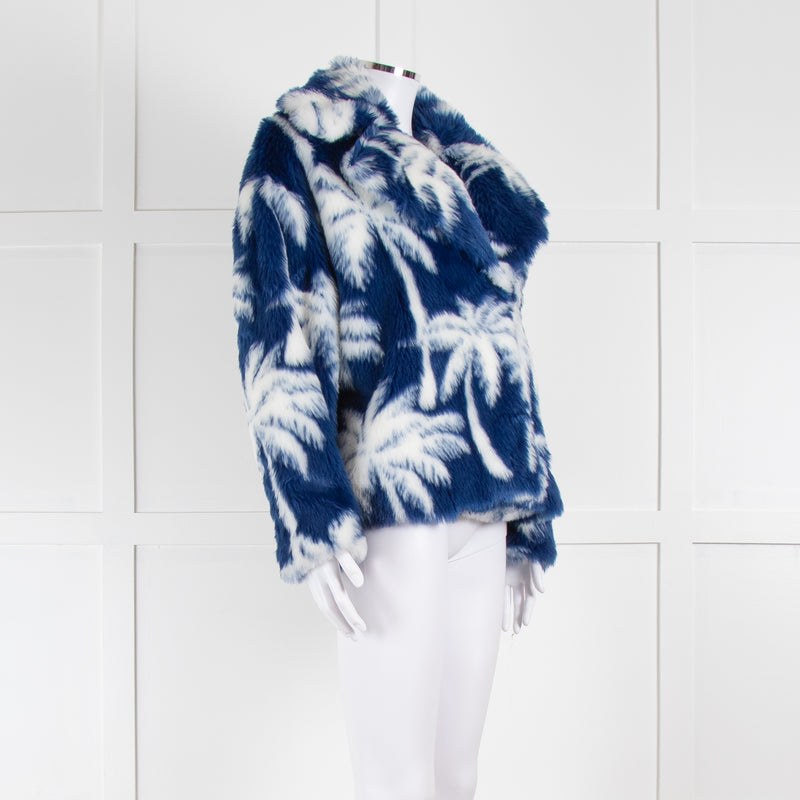 MSGM Blue White Palm Tree Faux Fur Short Jacket