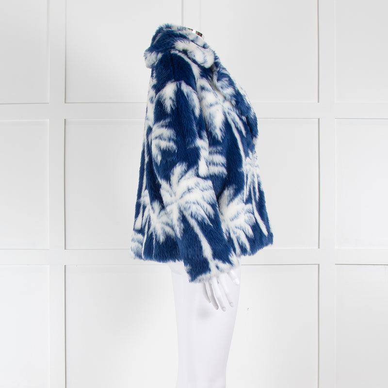 MSGM Blue White Palm Tree Faux Fur Short Jacket