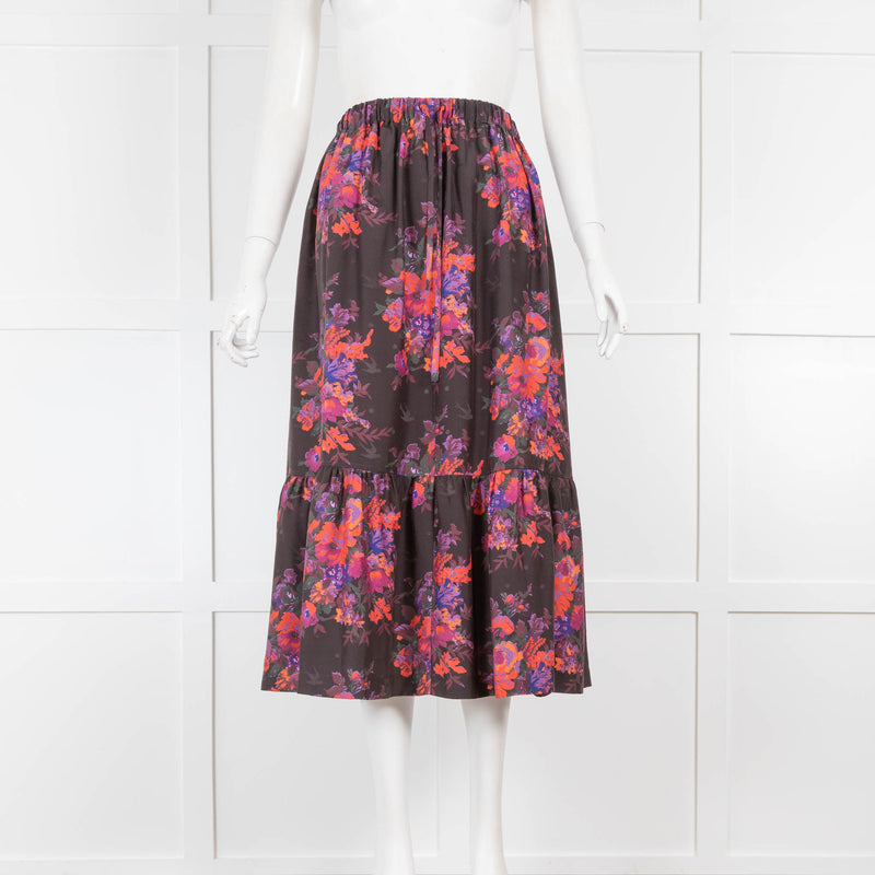 MCQ Black Orange Floral Elasticated Waist Midi Skirt